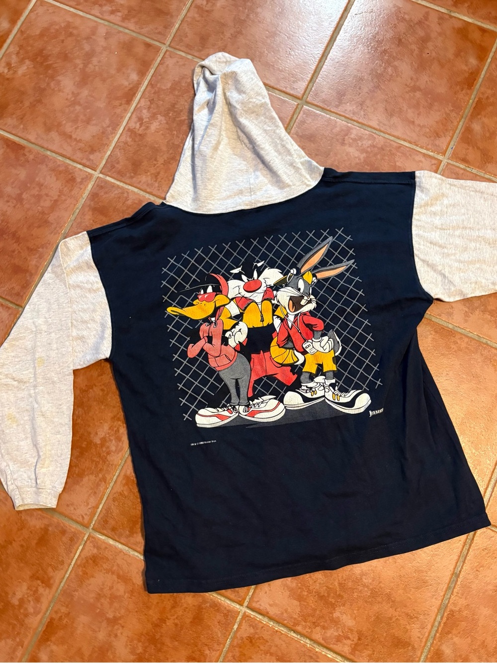 1993 Looney Tunes Hooded Pullover Shirt - Blue & Gray Sz xl